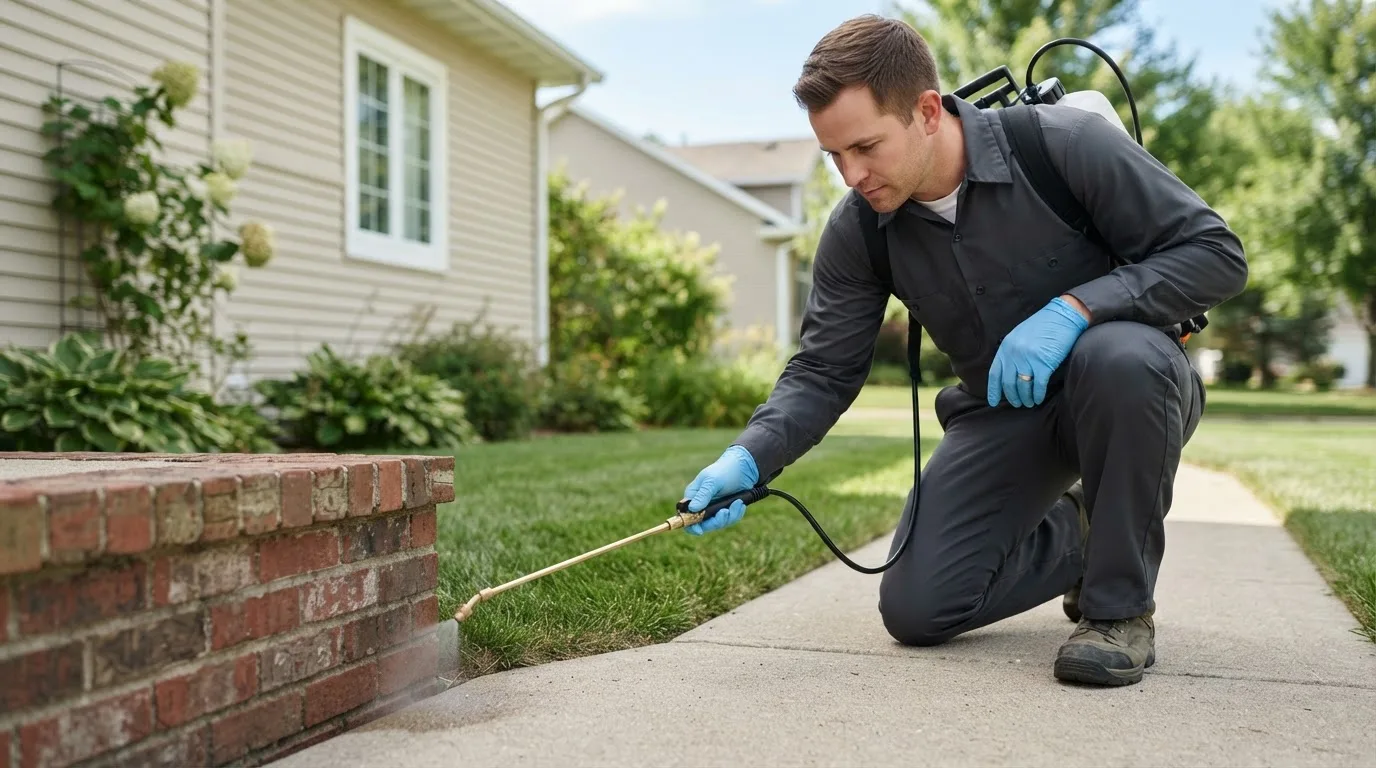 Pest control technician treating a home near King Ferry, NY